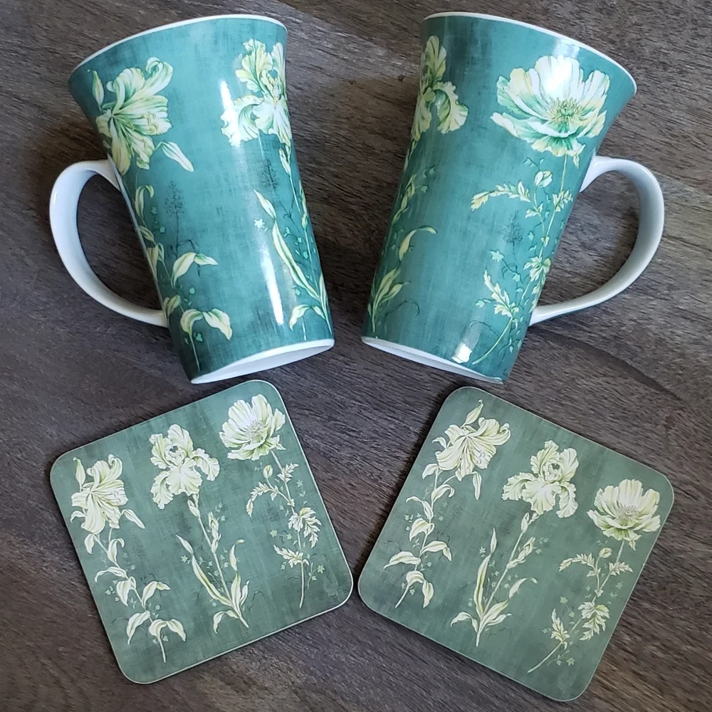 Set of 2 Porcelain Mugs and Matching Coasters